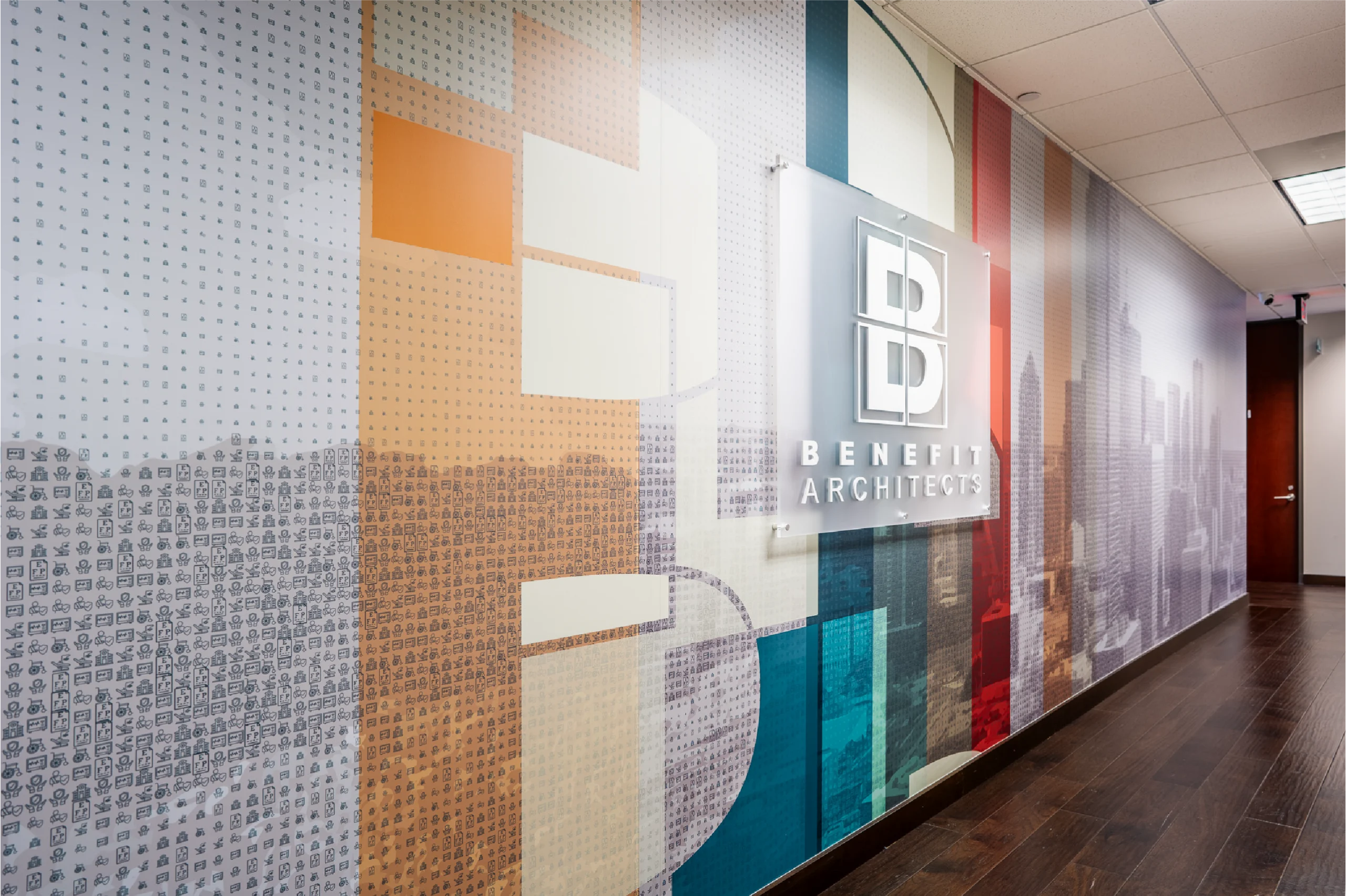 enviropop designed a photomosaic that is paired with interior signage for benefit architects office located in texas